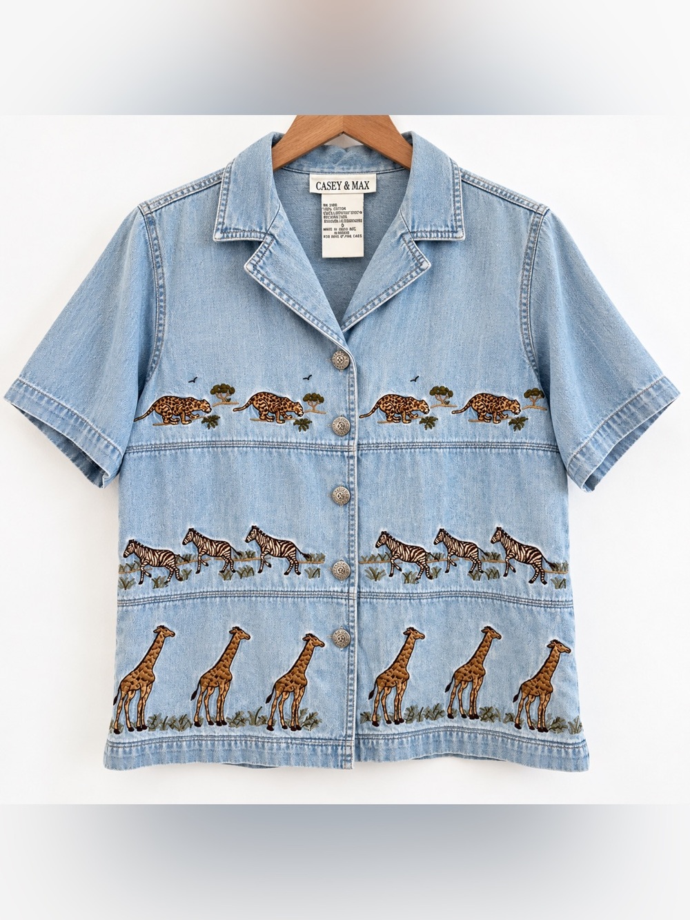 Vintage Casey & Max Safari Denim Shirt S Embroidered Animals 90s
